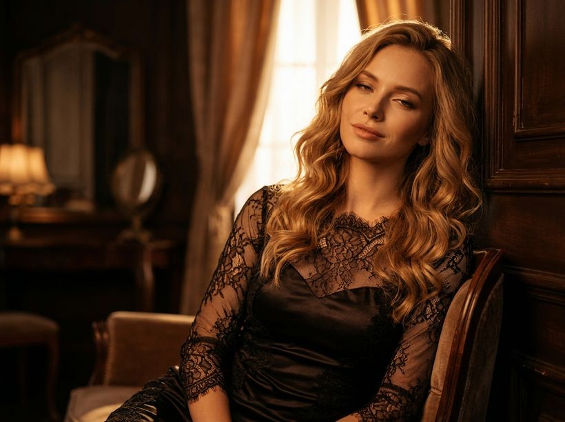 Blonde portrait in warm light with a black lace outfit on Dropmms